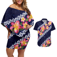 Blue Polynesia Couples Matching Off Shoulder Short Dress and Hawaiian Shirt Plumeria With Hibiscus Pattern Tropical Vibes LT14 Blue - Polynesian Pride