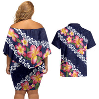 Blue Polynesia Couples Matching Off Shoulder Short Dress and Hawaiian Shirt Plumeria With Hibiscus Pattern Tropical Vibes LT14 - Polynesian Pride