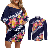 Blue Polynesia Couples Matching Off Shoulder Short Dress and Long Sleeve Button Shirt Plumeria With Hibiscus Pattern Tropical Vibes LT14 Blue - Polynesian Pride