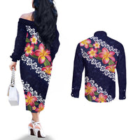 Blue Polynesia Couples Matching Off The Shoulder Long Sleeve Dress and Long Sleeve Button Shirt Plumeria With Hibiscus Pattern Tropical Vibes LT14 - Polynesian Pride