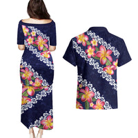 Blue Polynesia Couples Matching Puletasi and Hawaiian Shirt Plumeria With Hibiscus Pattern Tropical Vibes LT14 - Polynesian Pride