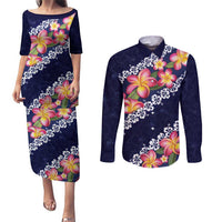 Blue Polynesia Couples Matching Puletasi and Long Sleeve Button Shirt Plumeria With Hibiscus Pattern Tropical Vibes LT14 Blue - Polynesian Pride