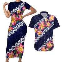 Blue Polynesia Couples Matching Short Sleeve Bodycon Dress and Hawaiian Shirt Plumeria With Hibiscus Pattern Tropical Vibes LT14 Blue - Polynesian Pride