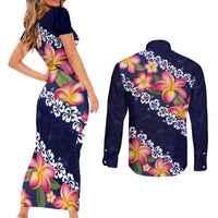 Blue Polynesia Couples Matching Short Sleeve Bodycon Dress and Long Sleeve Button Shirt Plumeria With Hibiscus Pattern Tropical Vibes LT14 - Polynesian Pride