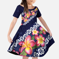 Blue Polynesia Kid Short Sleeve Dress Plumeria With Hibiscus Pattern Tropical Vibes