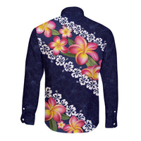 Blue Polynesia Long Sleeve Button Shirt Plumeria With Hibiscus Pattern Tropical Vibes LT14 - Polynesian Pride