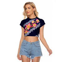 Blue Polynesia Raglan Cropped T Shirt Plumeria With Hibiscus Pattern Tropical Vibes