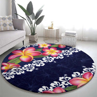 Blue Polynesia Round Carpet Plumeria With Hibiscus Pattern Tropical Vibes