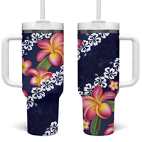 Blue Polynesia Tumbler With Handle Plumeria With Hibiscus Pattern Tropical Vibes LT14 One Size: 40 oz Blue - Polynesian Pride