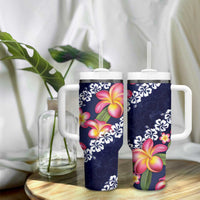 Blue Polynesia Tumbler With Handle Plumeria With Hibiscus Pattern Tropical Vibes LT14 - Polynesian Pride