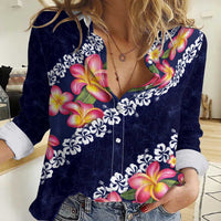 Blue Polynesia Women Casual Shirt Plumeria With Hibiscus Pattern Tropical Vibes