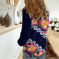 Blue Polynesia Women Casual Shirt Plumeria With Hibiscus Pattern Tropical Vibes