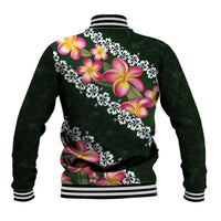 Green Polynesia Baseball Jacket Plumeria With Hibiscus Pattern Tropical Vibes LT14 - Polynesian Pride