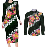 Green Polynesia Couples Matching Long Sleeve Bodycon Dress and Long Sleeve Button Shirt Plumeria With Hibiscus Pattern Tropical Vibes LT14 Green - Polynesian Pride