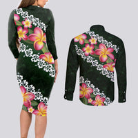 Green Polynesia Couples Matching Long Sleeve Bodycon Dress and Long Sleeve Button Shirt Plumeria With Hibiscus Pattern Tropical Vibes LT14 - Polynesian Pride