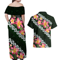 Green Polynesia Couples Matching Off Shoulder Maxi Dress and Hawaiian Shirt Plumeria With Hibiscus Pattern Tropical Vibes