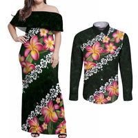 Green Polynesia Couples Matching Off Shoulder Maxi Dress and Long Sleeve Button Shirt Plumeria With Hibiscus Pattern Tropical Vibes LT14 Green - Polynesian Pride