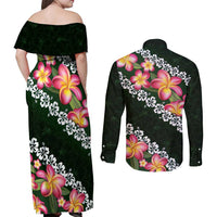 Green Polynesia Couples Matching Off Shoulder Maxi Dress and Long Sleeve Button Shirt Plumeria With Hibiscus Pattern Tropical Vibes LT14 - Polynesian Pride