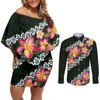 Green Polynesia Couples Matching Off Shoulder Short Dress and Long Sleeve Button Shirt Plumeria With Hibiscus Pattern Tropical Vibes LT14 Green - Polynesian Pride