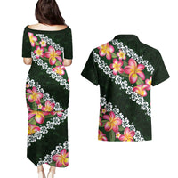 Green Polynesia Couples Matching Puletasi and Hawaiian Shirt Plumeria With Hibiscus Pattern Tropical Vibes LT14 - Polynesian Pride
