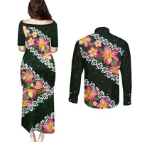 Green Polynesia Couples Matching Puletasi and Long Sleeve Button Shirt Plumeria With Hibiscus Pattern Tropical Vibes LT14 - Polynesian Pride