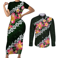 Green Polynesia Couples Matching Short Sleeve Bodycon Dress and Long Sleeve Button Shirt Plumeria With Hibiscus Pattern Tropical Vibes LT14 Green - Polynesian Pride
