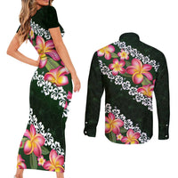 Green Polynesia Couples Matching Short Sleeve Bodycon Dress and Long Sleeve Button Shirt Plumeria With Hibiscus Pattern Tropical Vibes LT14 - Polynesian Pride