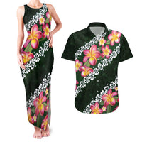 Green Polynesia Couples Matching Tank Maxi Dress and Hawaiian Shirt Plumeria With Hibiscus Pattern Tropical Vibes LT14 Green - Polynesian Pride