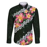 Green Polynesia Family Matching Tank Maxi Dress and Hawaiian Shirt Plumeria With Hibiscus Pattern Tropical Vibes LT14 Dad's Shirt - Long Sleeve Green - Polynesian Pride