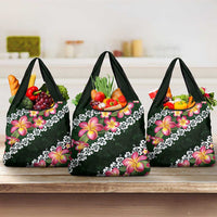 Green Polynesia Grocery Bag Plumeria With Hibiscus Pattern Tropical Vibes LT14 3-pack One Size Green - Polynesian Pride