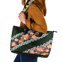 Green Polynesia Leather Tote Bag Plumeria With Hibiscus Pattern Tropical Vibes LT14 Green - Polynesian Pride