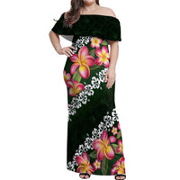 Green Polynesia Off Shoulder Maxi Dress Plumeria With Hibiscus Pattern Tropical Vibes LT14 Women Green - Polynesian Pride