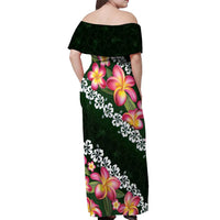 Green Polynesia Off Shoulder Maxi Dress Plumeria With Hibiscus Pattern Tropical Vibes LT14 - Polynesian Pride