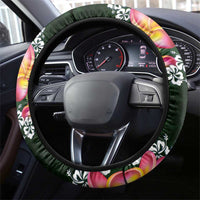 Green Polynesia Steering Wheel Cover Plumeria With Hibiscus Pattern Tropical Vibes LT14 - Polynesian Pride