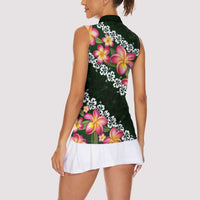 Green Polynesia Women Sleeveless Polo Shirt Plumeria With Hibiscus Pattern Tropical Vibes