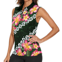 Green Polynesia Women Sleeveless Polo Shirt Plumeria With Hibiscus Pattern Tropical Vibes