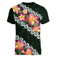 Green Polynesia Women V-Neck T-Shirt Plumeria With Hibiscus Pattern Tropical Vibes