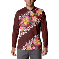 Oxblood Polynesia Button Sweatshirt Plumeria With Hibiscus Pattern Tropical Vibes LT14 - Polynesian Pride