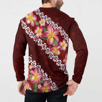 Oxblood Polynesia Button Sweatshirt Plumeria With Hibiscus Pattern Tropical Vibes LT14 - Polynesian Pride
