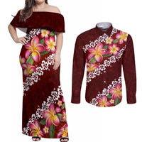 Oxblood Polynesia Couples Matching Off Shoulder Maxi Dress and Long Sleeve Button Shirt Plumeria With Hibiscus Pattern Tropical Vibes LT14 Oxblood - Polynesian Pride