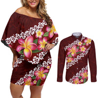 Oxblood Polynesia Couples Matching Off Shoulder Short Dress and Long Sleeve Button Shirt Plumeria With Hibiscus Pattern Tropical Vibes LT14 Oxblood - Polynesian Pride