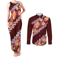 Oxblood Polynesia Couples Matching Tank Maxi Dress and Long Sleeve Button Shirt Plumeria With Hibiscus Pattern Tropical Vibes LT14 Oxblood - Polynesian Pride