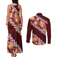 Oxblood Polynesia Couples Matching Tank Maxi Dress and Long Sleeve Button Shirt Plumeria With Hibiscus Pattern Tropical Vibes LT14 - Polynesian Pride
