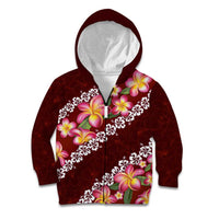 Oxblood Polynesia Kid Hoodie Plumeria With Hibiscus Pattern Tropical Vibes