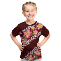 Oxblood Polynesia Kid T Shirt Plumeria With Hibiscus Pattern Tropical Vibes
