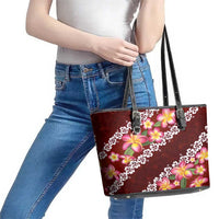 Oxblood Polynesia Leather Tote Bag Plumeria With Hibiscus Pattern Tropical Vibes LT14 - Polynesian Pride