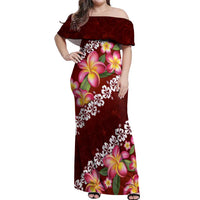 Oxblood Polynesia Off Shoulder Maxi Dress Plumeria With Hibiscus Pattern Tropical Vibes LT14 Women Oxblood - Polynesian Pride