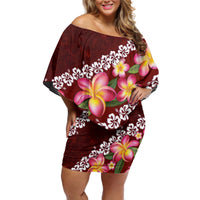 Oxblood Polynesia Off Shoulder Short Dress Plumeria With Hibiscus Pattern Tropical Vibes LT14 Women Oxblood - Polynesian Pride