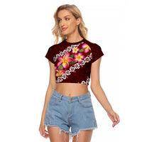 Oxblood Polynesia Raglan Cropped T Shirt Plumeria With Hibiscus Pattern Tropical Vibes