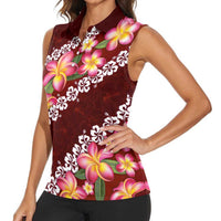 Oxblood Polynesia Women Sleeveless Polo Shirt Plumeria With Hibiscus Pattern Tropical Vibes